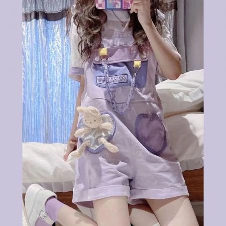PS90003# 夏季套装女学生韩版日系小众设计感拼接紫色背带裤