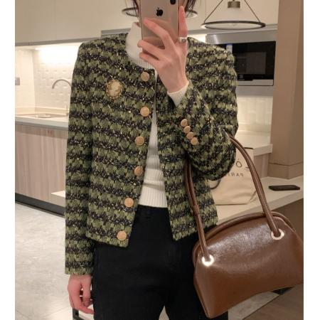 TR66556# 小香风毛呢外套女秋冬新款粗花呢子短款名媛风上衣绿色西服 服装批发女装批发服饰货源