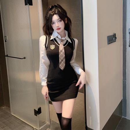 TR66667# 学院风修身白色jk制服领带衬衫针织背心连衣裙套装女秋冬季两件套 服装批发女装批发服饰货源