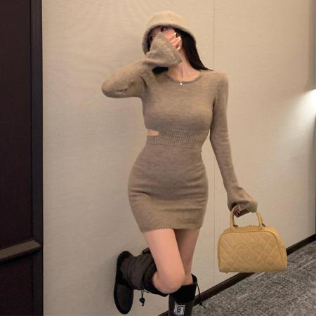 TR67487# 高级感长袖针织连衣裙女装秋冬性感镂空收腰包臀裙子气质内搭裙 服装批发女装批发服饰货源