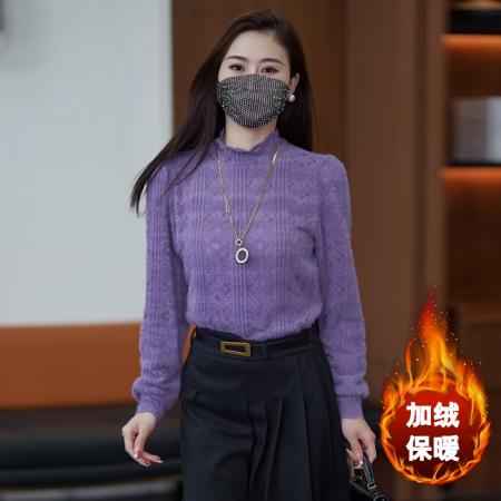 TR67742# 大码女装秋冬半高领蕾丝打底衫洋气加绒加厚保暖紫色上衣 服装批发女装批发服饰货源