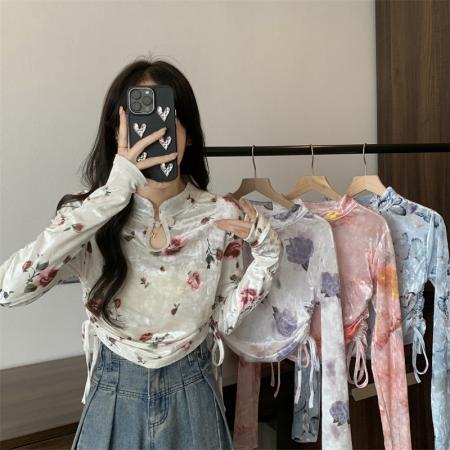 TR68145# 新款新中式盘扣印花丝绒长袖T恤女抽褶修身短款打底上衣 服装批发女装批发服饰货源