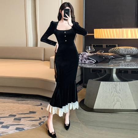 TR68320# 法式方领温柔性感包臀鱼尾摆蕾丝边丝绒裙年会礼服连衣裙 服装批发女装批发服饰货源