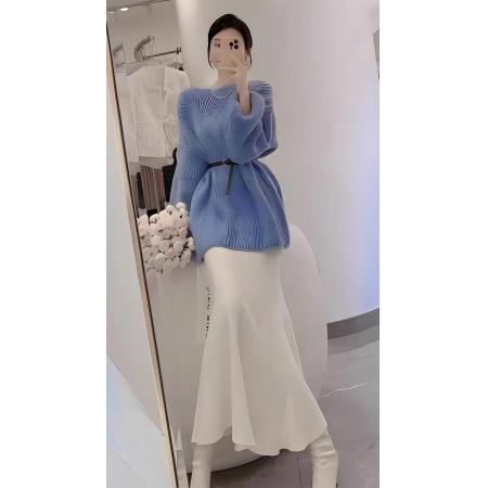 TR71291# 冬季装搭配一整套气质名媛小洋装高级感小香风蓝色毛衣半身裙套装