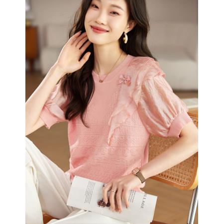 TR73108# 针织衫t恤女短袖春季新款粉色韩版宽松时尚设计感上衣