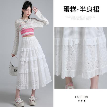 TR73136# ！新款韩版白色立体刺绣镂空拼接宽松高腰半身裙