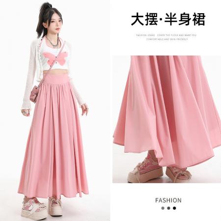 TR73139# ！新款韩系温柔气质感高腰粉色A字裙长裙半身裙