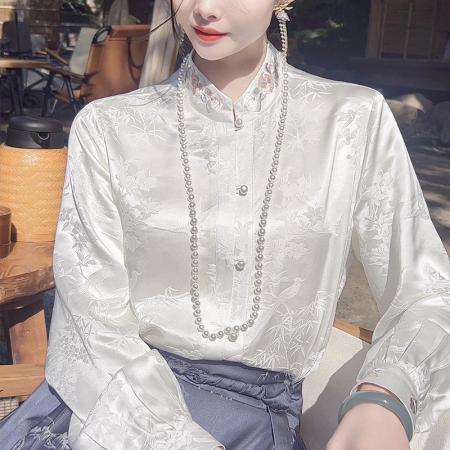 TR73236# 新中式国风衬衫上衣女早春新款刺绣提花桑蚕丝衬衣白色