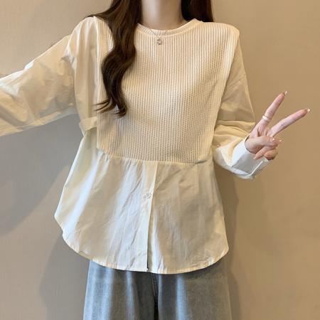 TR73238# 大码女装春装新款韩版设计感宽松假两件拼接衬衫长袖上衣