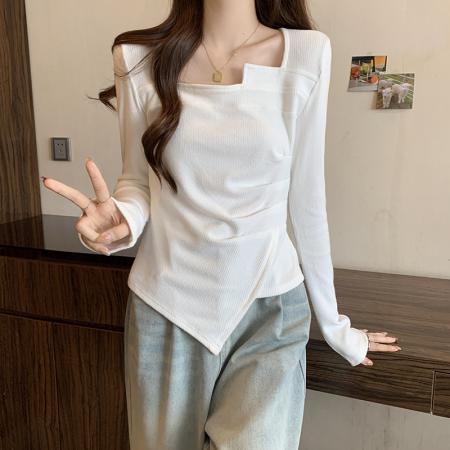 TR73241# 大码女装春装新款正肩辣妹不规则收腰显瘦打底长袖上衣