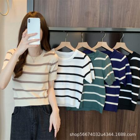 CX11233# 小个子慵懒风圆领高腰气质短款上衣女夏季新款chic韩版短袖T恤衫