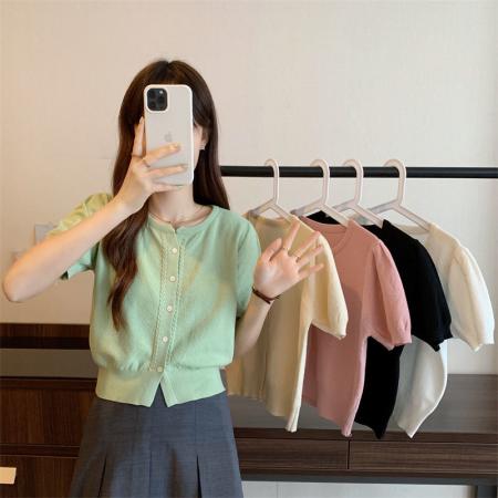 CX11367# 圆领单排扣短袖针织衫女夏季新款韩版修身开衫上衣女小众别致体恤