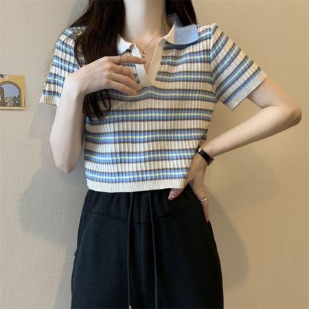 CX11386# 韩版POLO领条纹针织短款T恤女夏季新款洋气减龄修身百搭短袖上衣