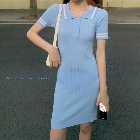 CX11394# 夏季韩版小香风冰丝针织裙子修身可盐可甜矮个子polo连衣裙女