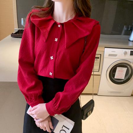 TR73585# 新款春季新款荷叶边领洋气新年红色衬衫上衣设计感上衣女 服装批发女装批发服饰货源