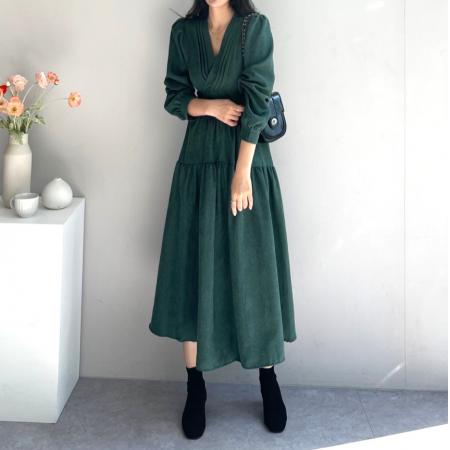 TR74162# 韩国chic法式设计感V领气质长款连衣裙 服装批发女装批发服饰货源