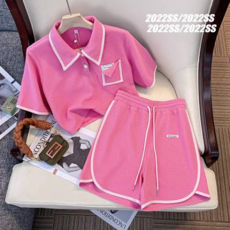 TR74895# 新款夏季Polo领粉色法式洋气设计感小众时尚减龄短裤两件套 服装批发女装批发服饰货源