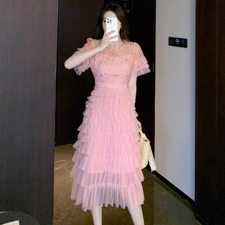 TR74914# 法式甜美气质高级设计感蕾丝公主连衣裙女温柔风中长款显瘦蛋糕裙