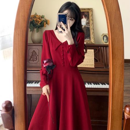 TR75339# 好质量春新款红色新年礼服裙平时可穿胖妹妹V领气质中长裙 服装批发女装批发服饰货源