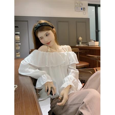 LN11446# 韩系甜美风衬衫女新款设计感荷叶边一字肩长袖上衣 服装批发女装批发服饰货源