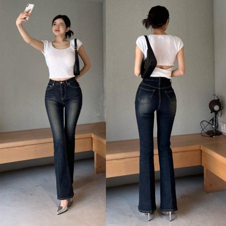 LN12451# 2色韩版新款做旧磨白高腰修身微喇牛仔裤 服装批发女装批发服饰货源
