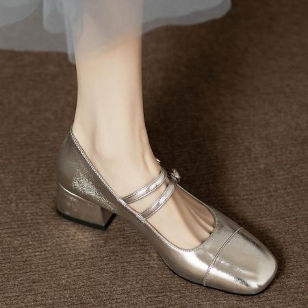 X-31015# 法式复古银色单鞋女粗跟春秋方头浅口一字带扣玛丽珍鞋 鞋子批发女鞋货源