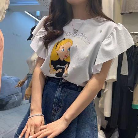 LN13099# 韩国东大门夏季甜美卡通珍珠荷叶袖T恤 服装批发女装批发服饰货源