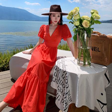 LN14112# 夏季新款红色V领法式露背短袖连衣裙三亚沙滩裙 服装批发女装批发服饰货源
