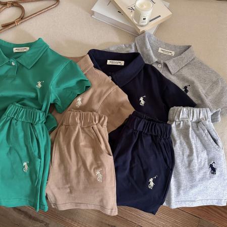 LN14368# 韩版儿童套装夏季新款男女童刺绣polo衫宝宝短袖短裤洋气两件套潮