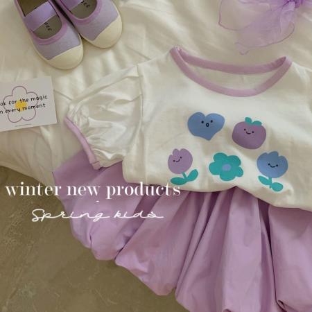 LN14375# 女童夏季套装新款韩版洋气女宝宝紫色短T花苞短裤女孩两件套