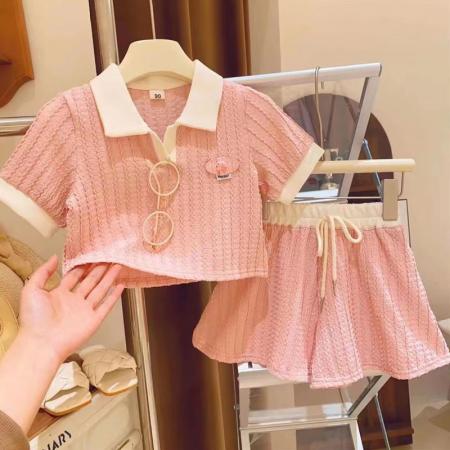 LN14470# 女童时髦套装夏季新款韩版洋气中小童Polo领短袖短裤两件套潮