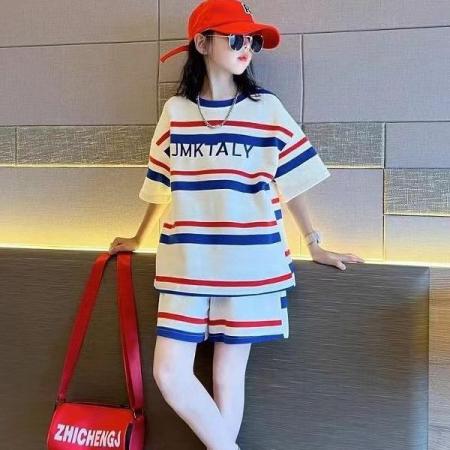 LN14474# 条纹女童运动套装夏季新款洋气儿童夏装短袖短裤休闲两件套夏