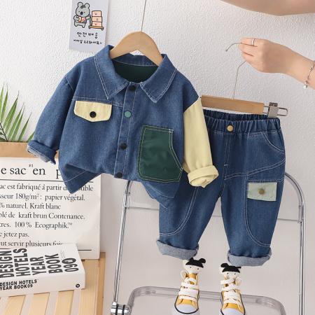 LN14480# 秋季男童潮流韩版中小童宝宝儿童长袖套装牛仔翻领两件套新款批发