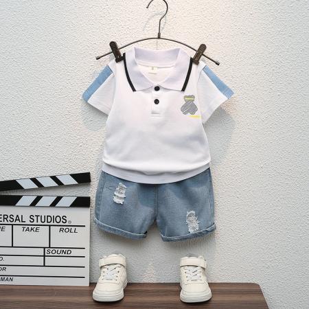 LN14491# 儿童外贸夏季新款男童韩版卡通翻领Polo短袖牛仔短裤套装一件代发