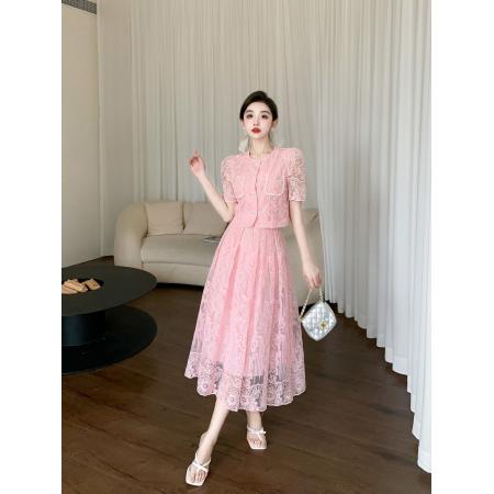 TR76036# 夏季法式绝美粉色泡泡袖上衣女小香风搭配一整套裙子