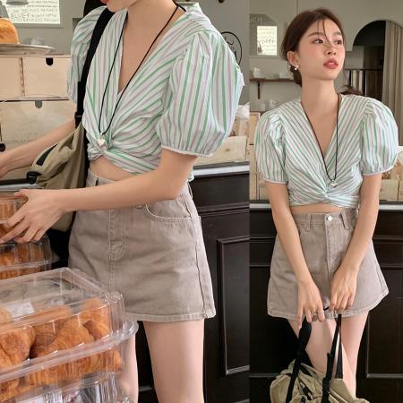 LN16912# 韩系chic清新撞色条纹扭结系带衬衫 服装批发女装批发服饰货源
