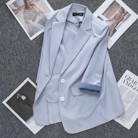 LN29903# 薄款西装外套女夏季七分袖新款休闲小个子设计感小众雪纺西服