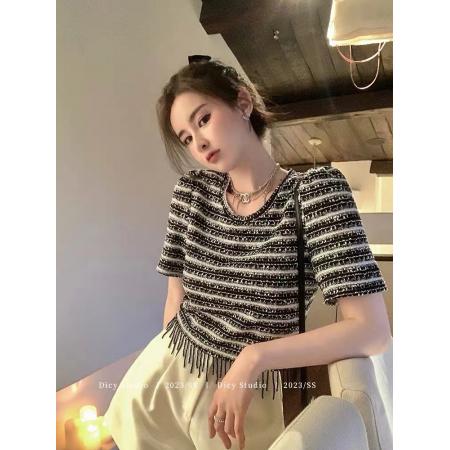 LN40234# 手工吊珠条纹钉珠流苏亮丝短袖T恤洋气设计感半袖小衫 服裝批發女裝批發服飾貨源