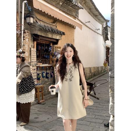 FA12380# 仿麻垂感V领无袖撞色重工绳绣微A字连衣裙女 服裝批發女裝批發服飾貨源