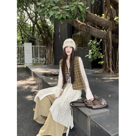 LN76098# 复古套装女不规则衬衫叠穿马甲外套春季垂感休闲长裤三件套设计感