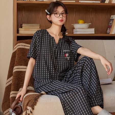 LN76131# 睡衣女夏季带胸垫新款短袖长裤冰丝凉感可爱卡通少女士家居服套装