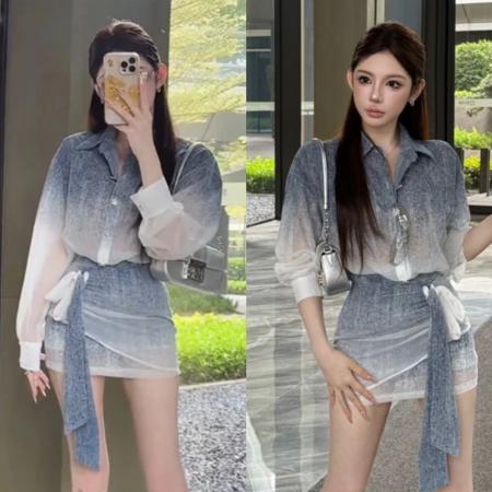FA26426# 粉红PINK丨“天空之境”设计感时尚小香渐变衬衫+半裙LWJ