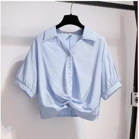 LN76173# 条纹洋气下摆打结衬衫女夏季新款高腰短款上衣设计感独特减龄上衣