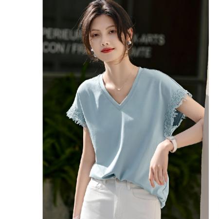 FA30887# V领短袖T恤女式夏季通勤简约气质连肩袖设计蕾丝拼接上衣 服裝批發女裝批發服飾貨源