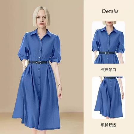 FA31672# 法式减龄蓝色衬衫连衣裙女夏季新款气质收腰a字裙 服裝批發女裝批發服飾貨源