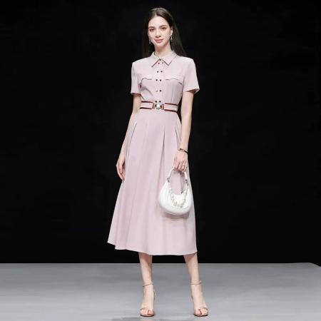 FA31678# 夏季新款气质杏粉色双排扣收腰显瘦衬衫连衣裙长裙裙子女 服裝批發女裝批發服飾貨源