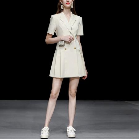 FA31684# 夏季女装新款气质法式杏色短袖收腰显瘦西装连衣裙短裙女 服裝批發女裝批發服飾貨源