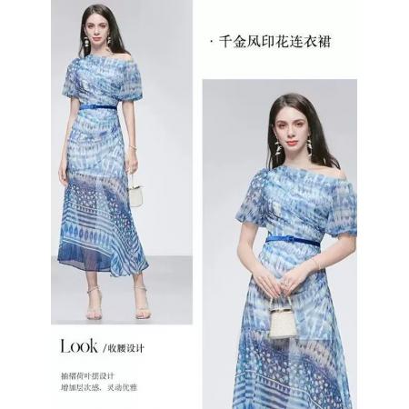 FA31688# 夏季新款气质千金一字肩灯笼袖收腰显瘦印花连衣裙礼服裙女潮 服裝批發女裝批發服飾貨源
