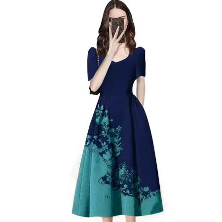 FA31689# 法式泡泡袖印花连衣裙女夏季新款方领显瘦收腰气质漂亮裙子 服裝批發女裝批發服飾貨源