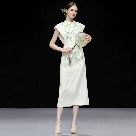 FA31692# 夏季新款新中式国风提花印花飞飞袖收腰中开衩旗袍连衣裙 服裝批發女裝批發服飾貨源